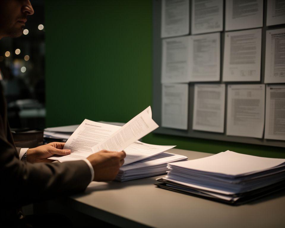 Newsroom editor reviewing public records beside a wall of printed documents in a quiet evening office